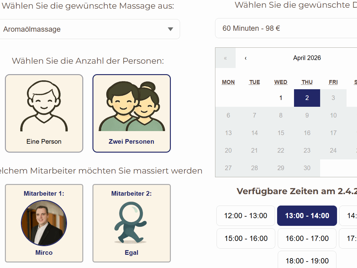 Online booking system for a massage studio