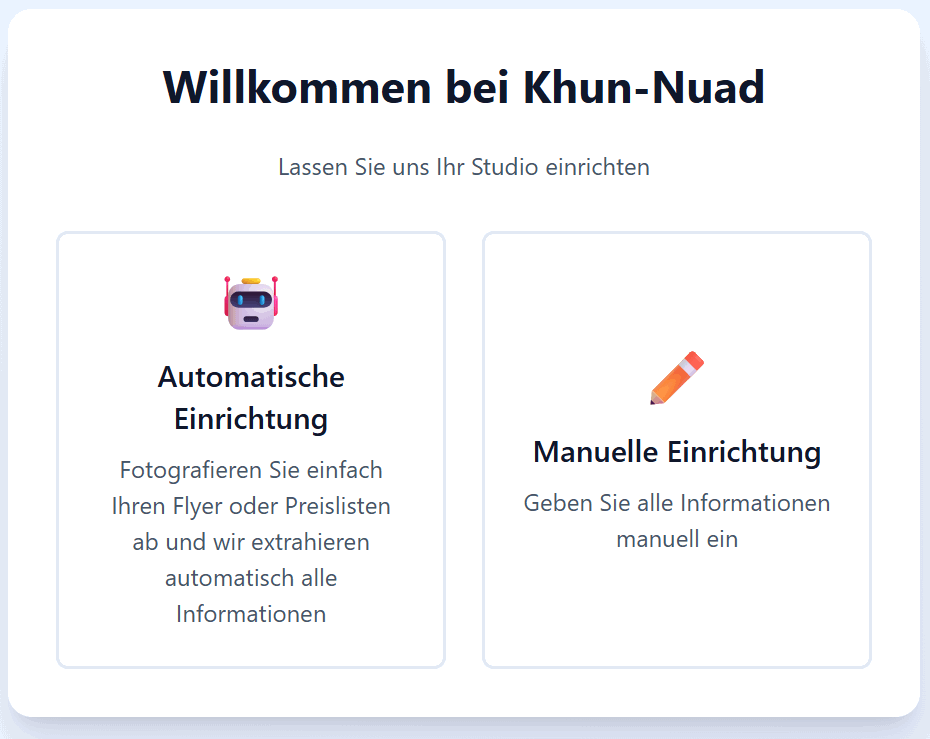 Studio onboarding with a choice between automatic and manual setup