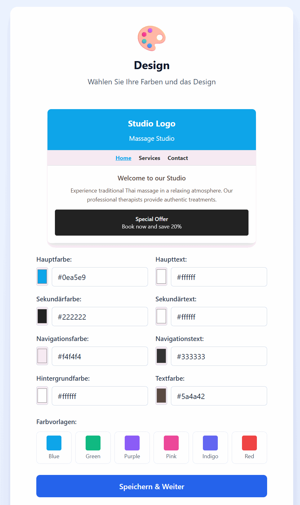 Design preview with colors and opening hours
