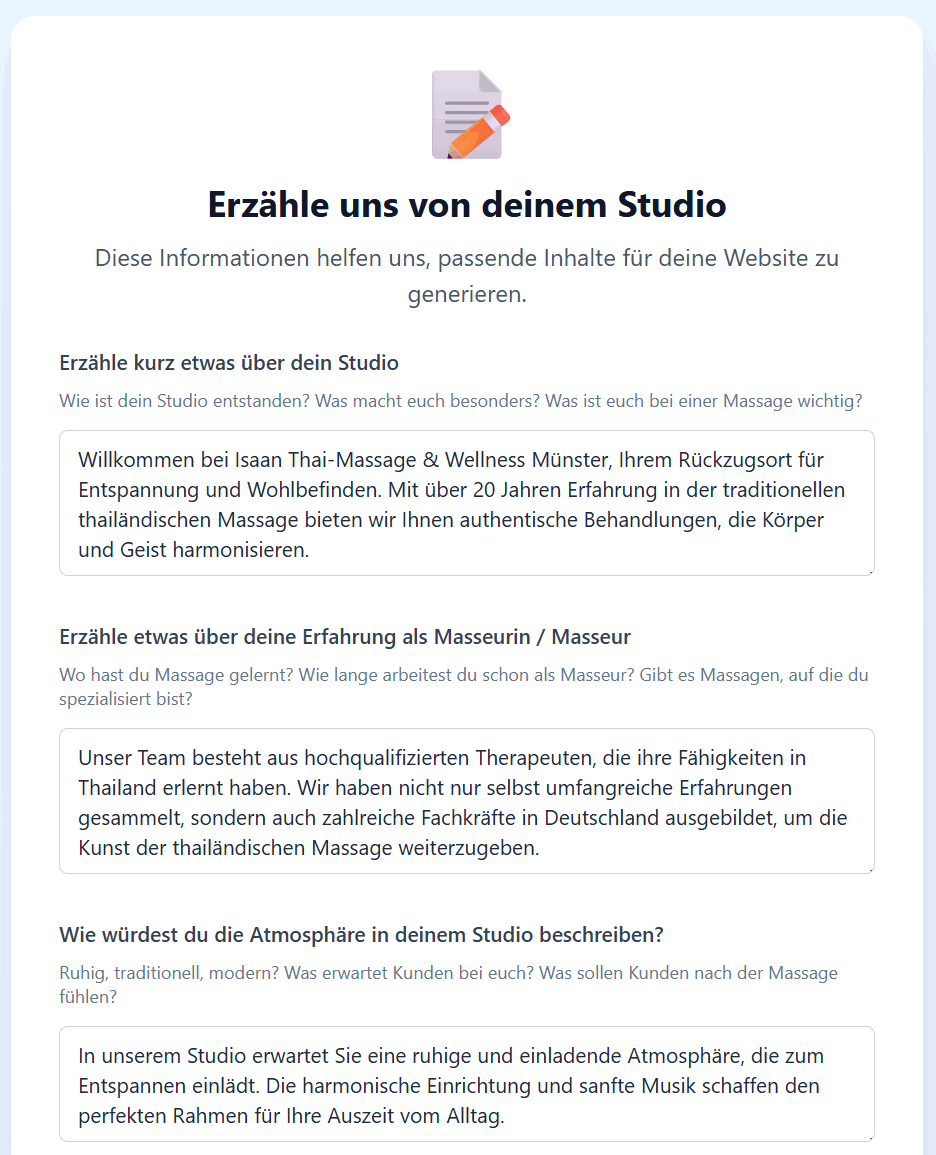 Form with studio information and description